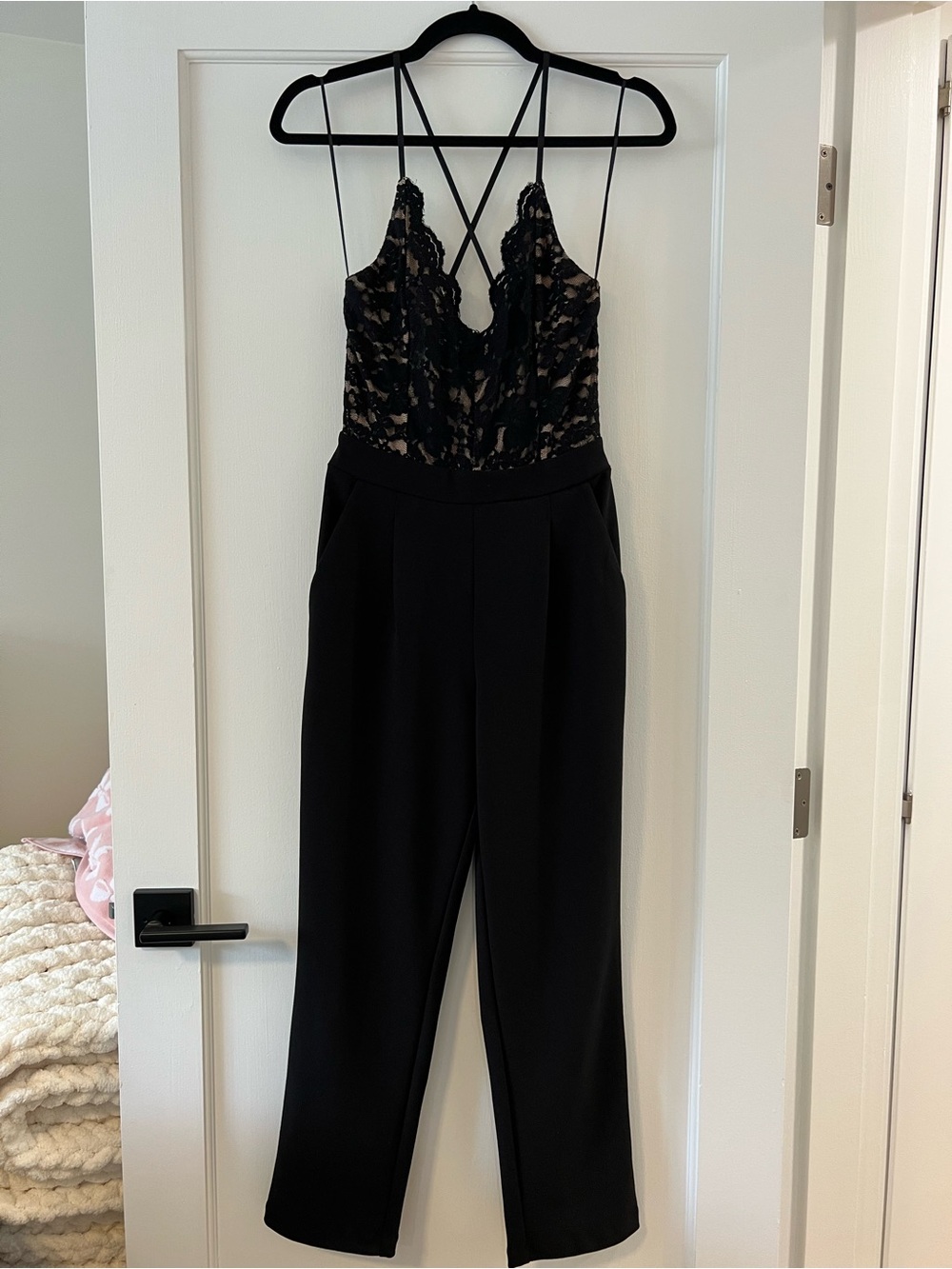 Express Black Lace Bodice Strappy Jumpsuit with Nude Underlay